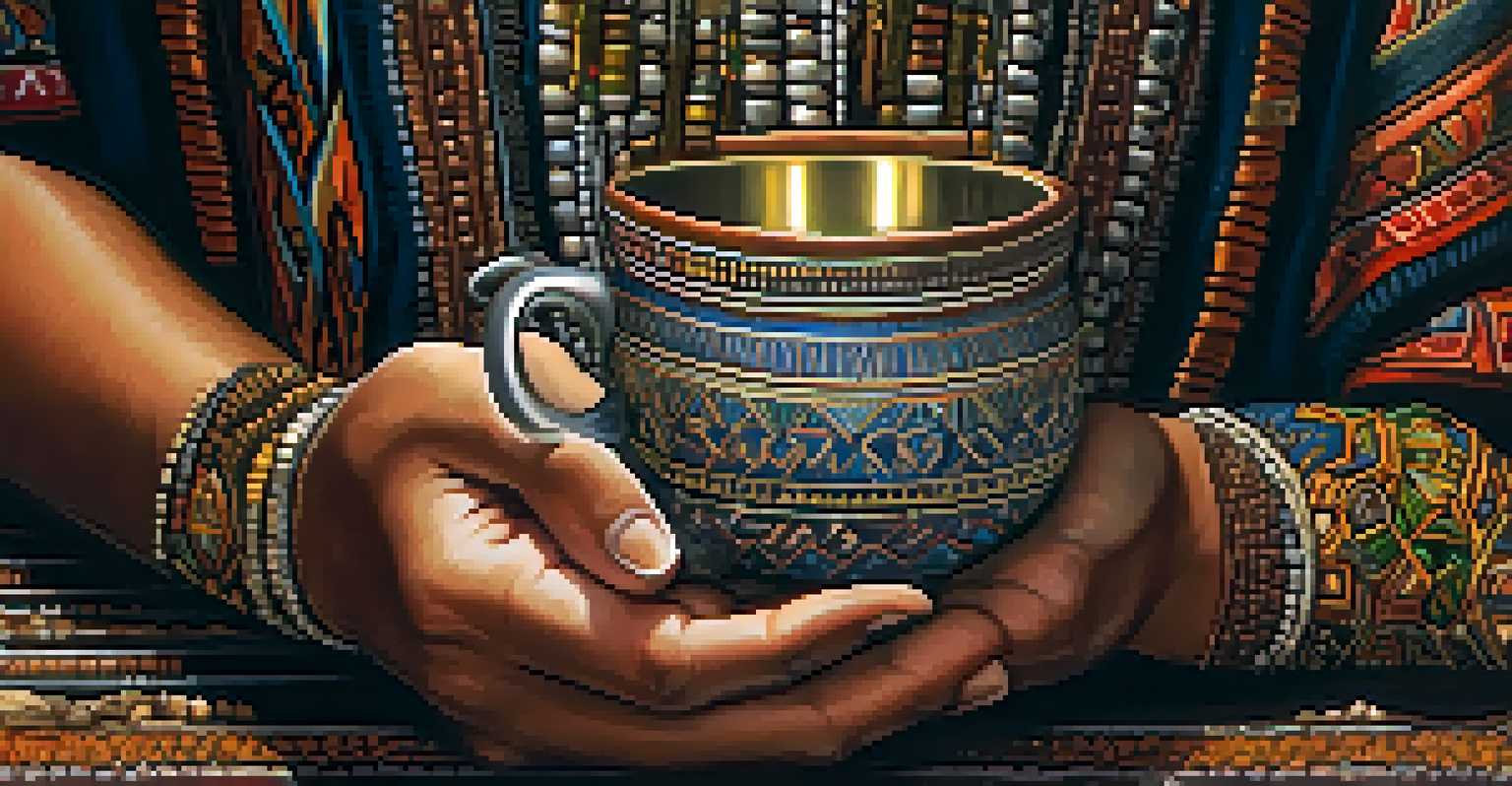 Close-up of a hand holding a small cup of Ayahuasca brew with traditional patterns, set against a blurred ceremonial background with candles.