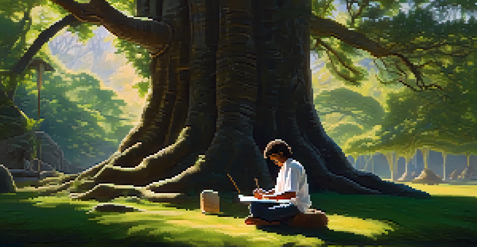 A participant journaling peacefully under a tree after an Ayahuasca ceremony, with sunlight filtering through the leaves.