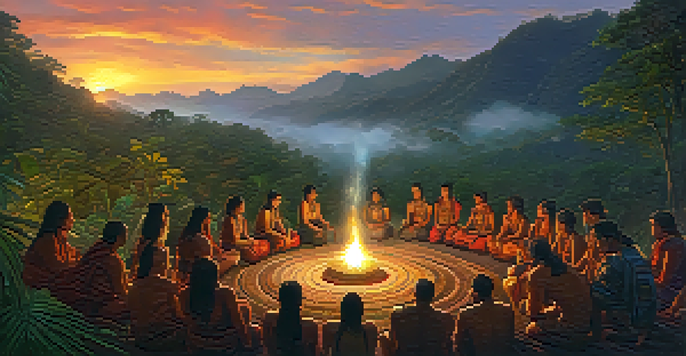 An Amazonian rainforest at dusk with a traditional Ayahuasca ceremony featuring a shaman and participants in a circle, illuminated by lanterns.