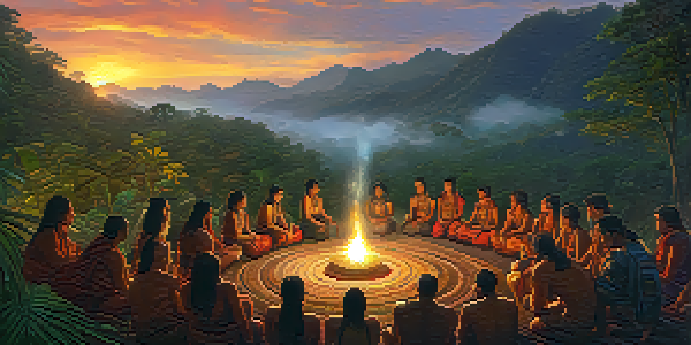 An Amazonian rainforest at dusk with a traditional Ayahuasca ceremony featuring a shaman and participants in a circle, illuminated by lanterns.