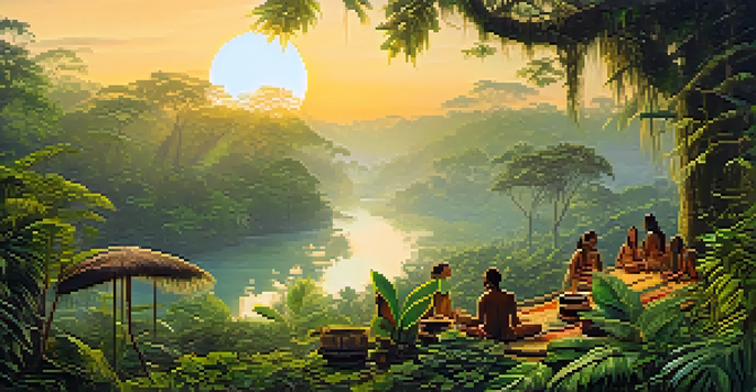 A tranquil Amazon rainforest at dawn with a misty landscape, featuring a river, lush greenery, and a traditional Ayahuasca ceremony setup.
