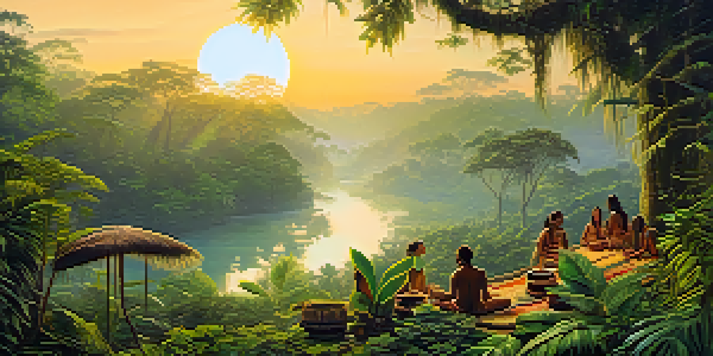 A tranquil Amazon rainforest at dawn with a misty landscape, featuring a river, lush greenery, and a traditional Ayahuasca ceremony setup.