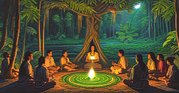 A nighttime ayahuasca ceremony in the Amazon rainforest, with participants seated in a circle around a shaman holding a ceremonial cup, illuminated by candlelight.