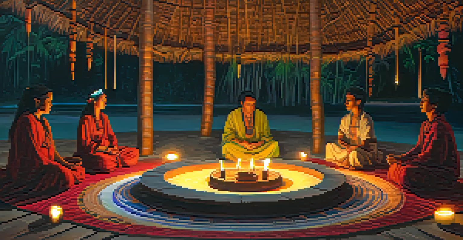 An Ayahuasca ceremony with participants seated in a circle in a dimly lit space, surrounded by candles and natural decor.
