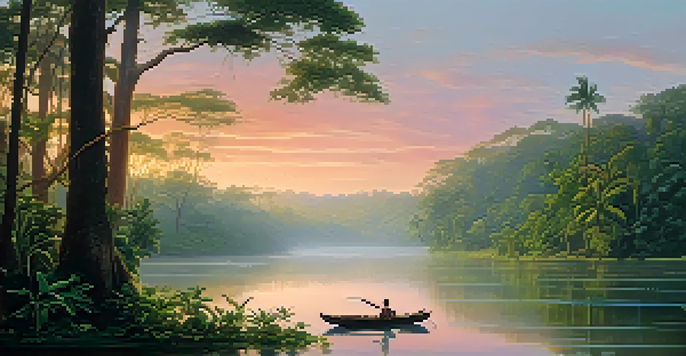 A peaceful Amazon rainforest scene at dawn with mist, a river, and a canoe.