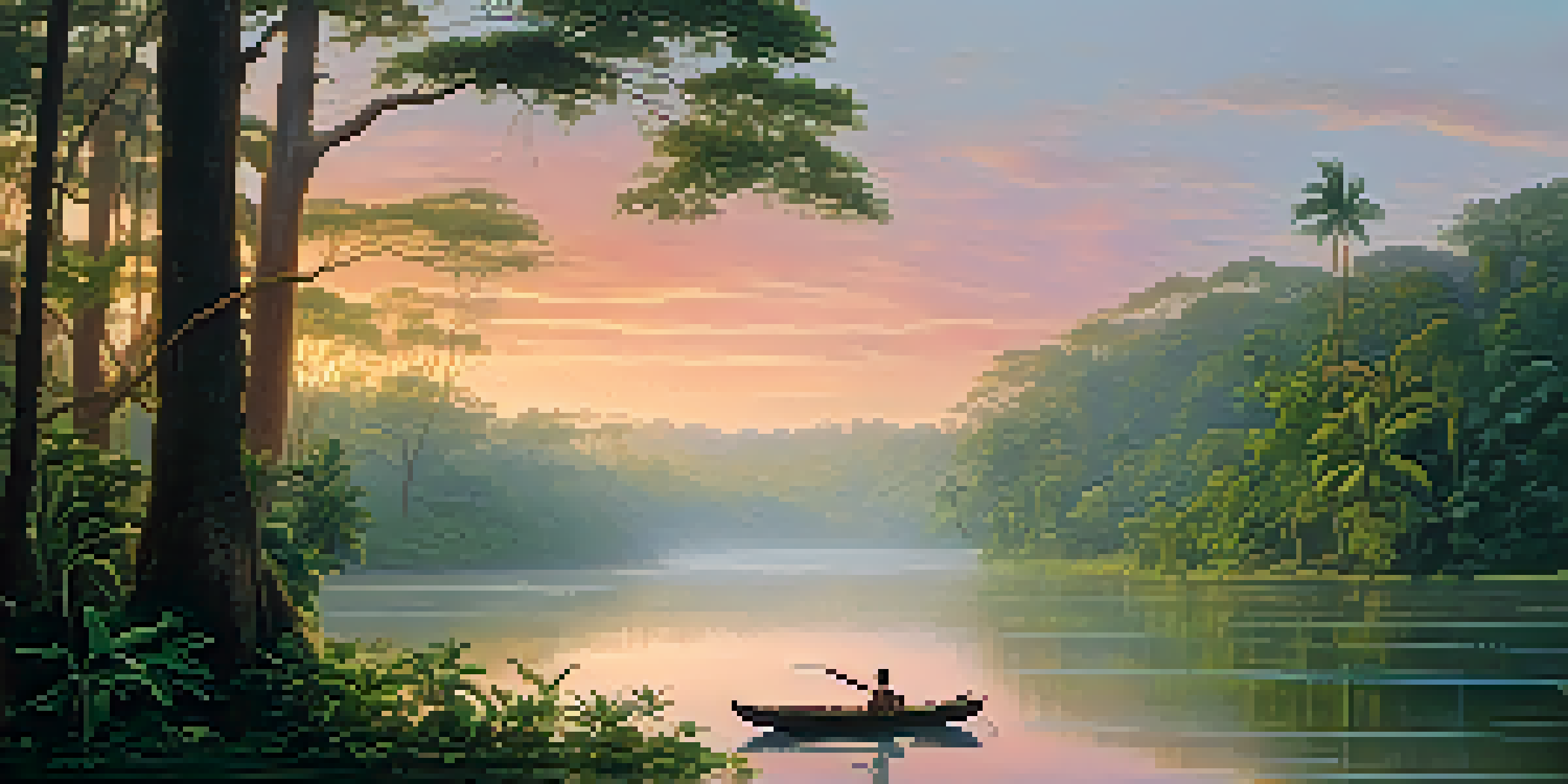 A peaceful Amazon rainforest scene at dawn with mist, a river, and a canoe.