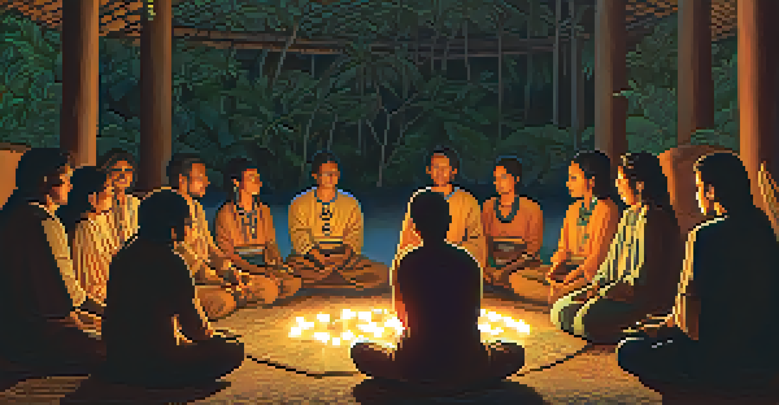 A candlelit Ayahuasca ceremony with participants in a circle and a shaman guiding the experience, surrounded by indigenous art.