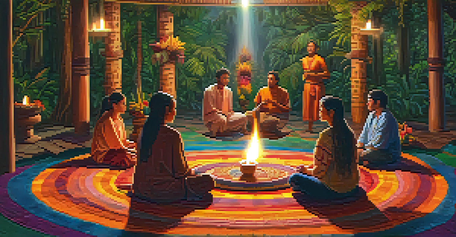 A cozy ayahuasca ceremony with participants seated in a circle on woven mats, surrounded by candles and an altar of flowers and fruits.