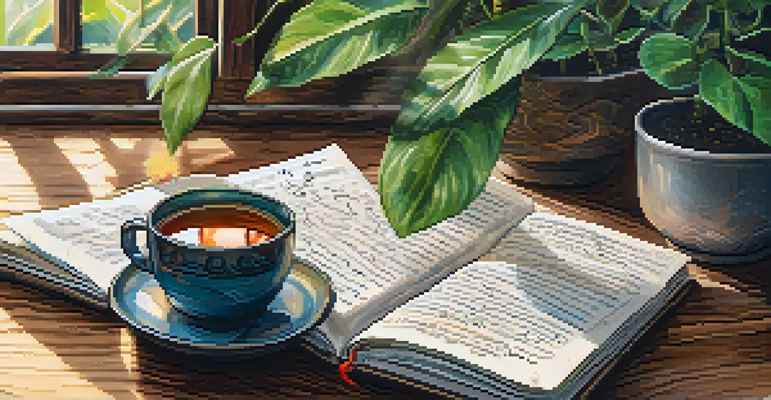 An open journal filled with handwritten notes and sketches on a wooden table, accompanied by a cup of herbal tea and a small plant, illuminated by soft natural light.