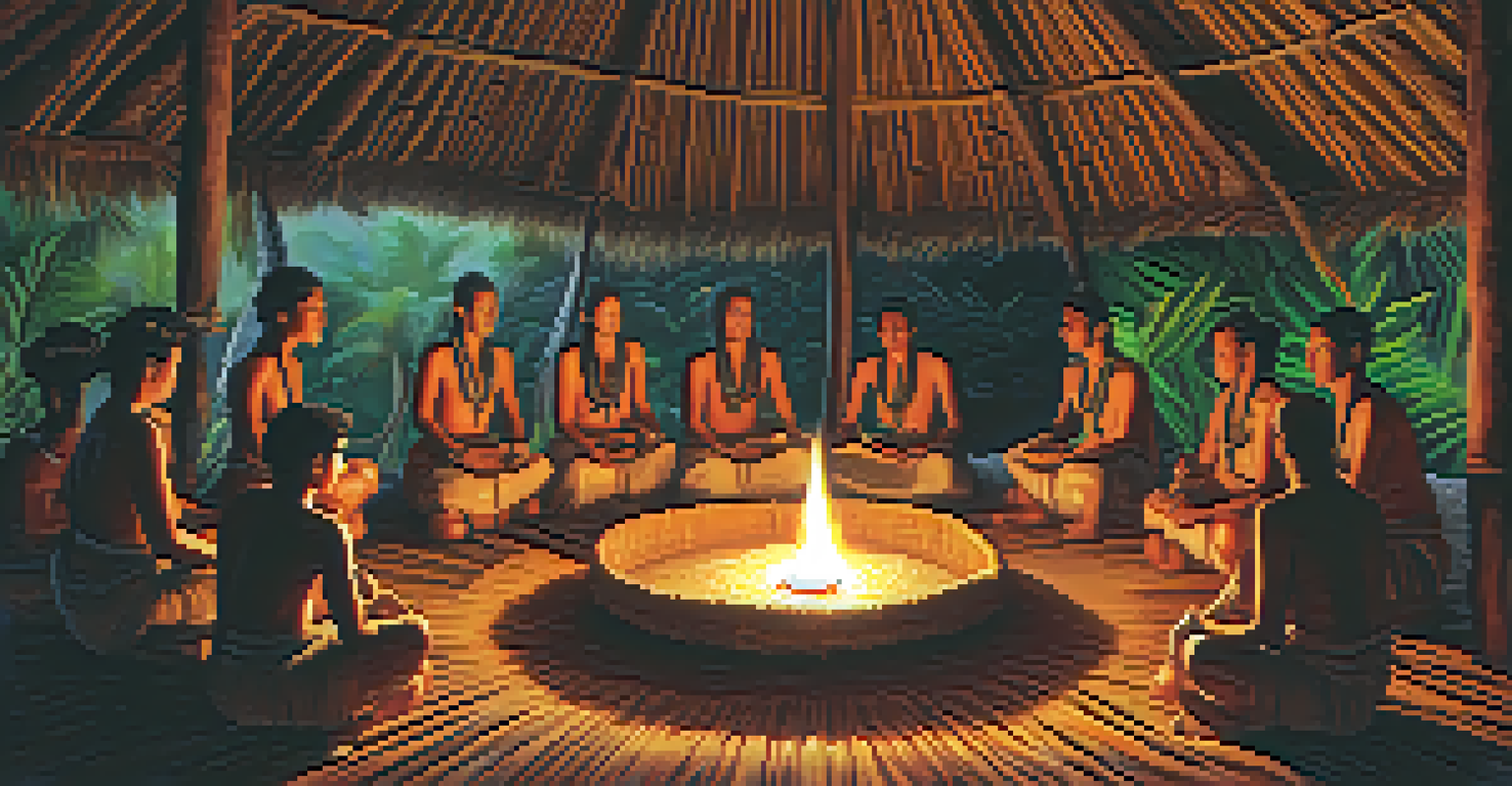 Participants in a traditional Ayahuasca ceremony inside a thatched-roof hut, with a shaman leading the ceremony.