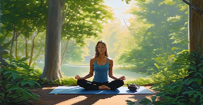 A person practicing mindfulness by journaling on a yoga mat in a peaceful outdoor setting, surrounded by greenery and morning light.