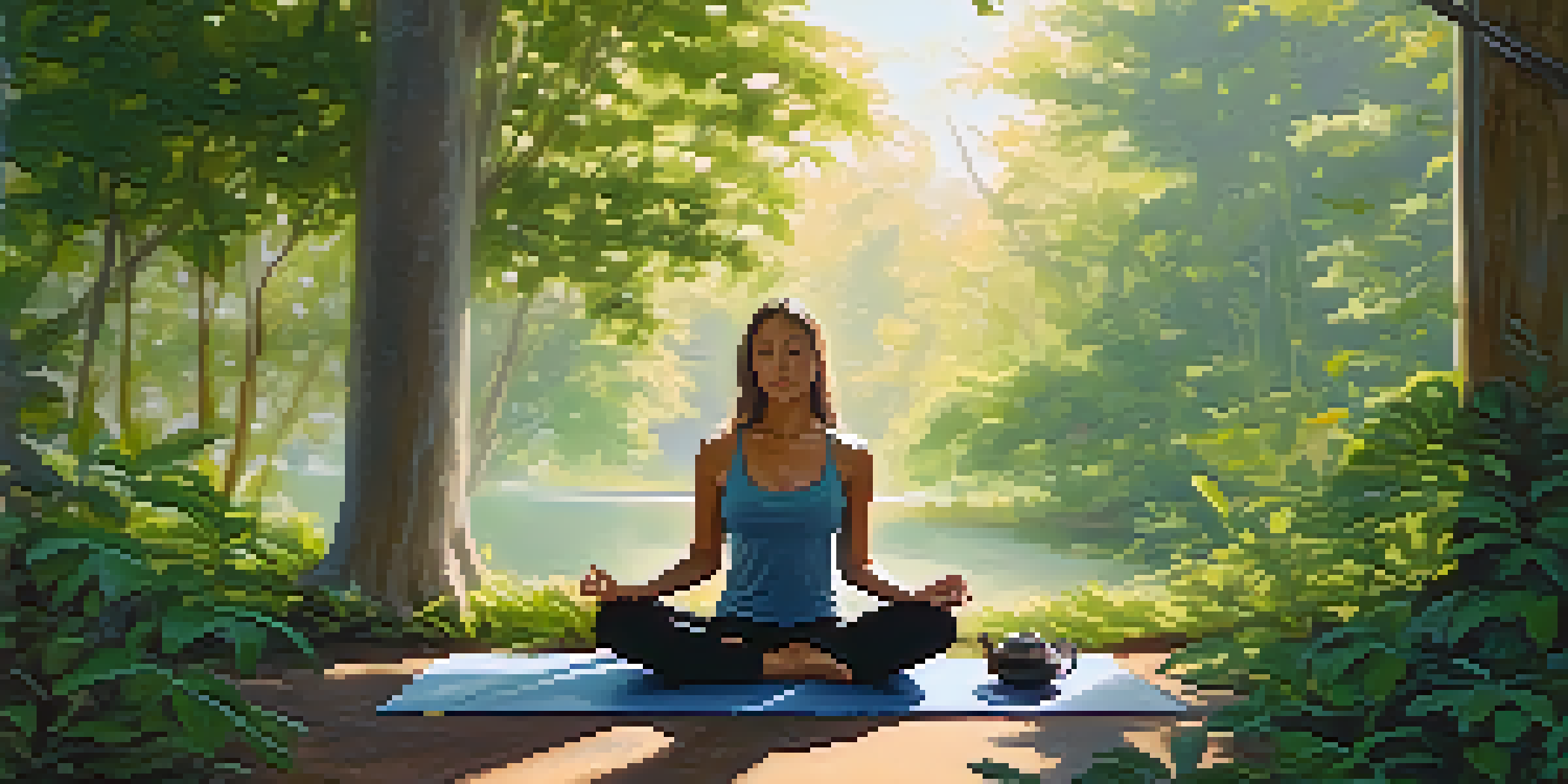 A person practicing mindfulness by journaling on a yoga mat in a peaceful outdoor setting, surrounded by greenery and morning light.