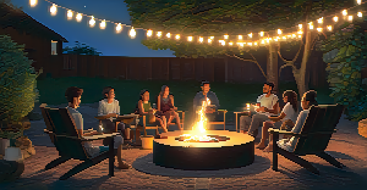 A cozy outdoor gathering space with seating around a fire pit, illuminated by fairy lights and ceremonial items on a table.