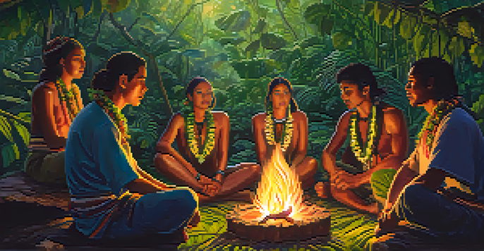 A group of participants in an Ayahuasca ceremony sitting in a circle around a fire in a lush rainforest, with a shaman guiding them.