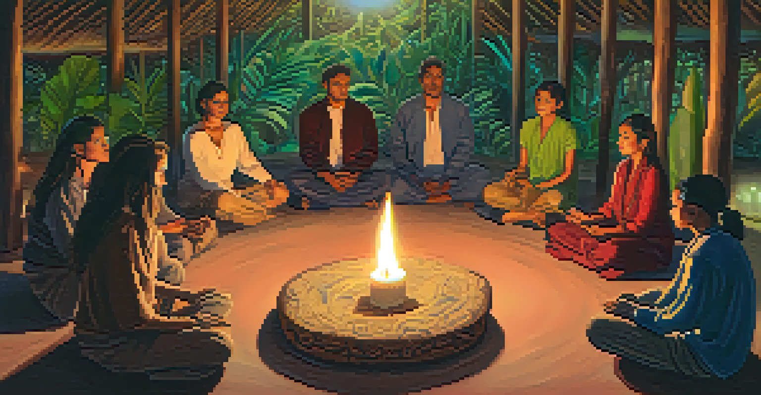 A warm, candle-lit room with participants seated in a circle during an Ayahuasca ceremony, guided by a facilitator.