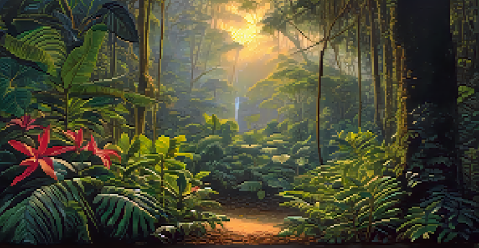 A tranquil Amazon rainforest at dusk, showcasing the Banisteriopsis caapi vine and colorful tropical flowers amidst soft golden light and mist.