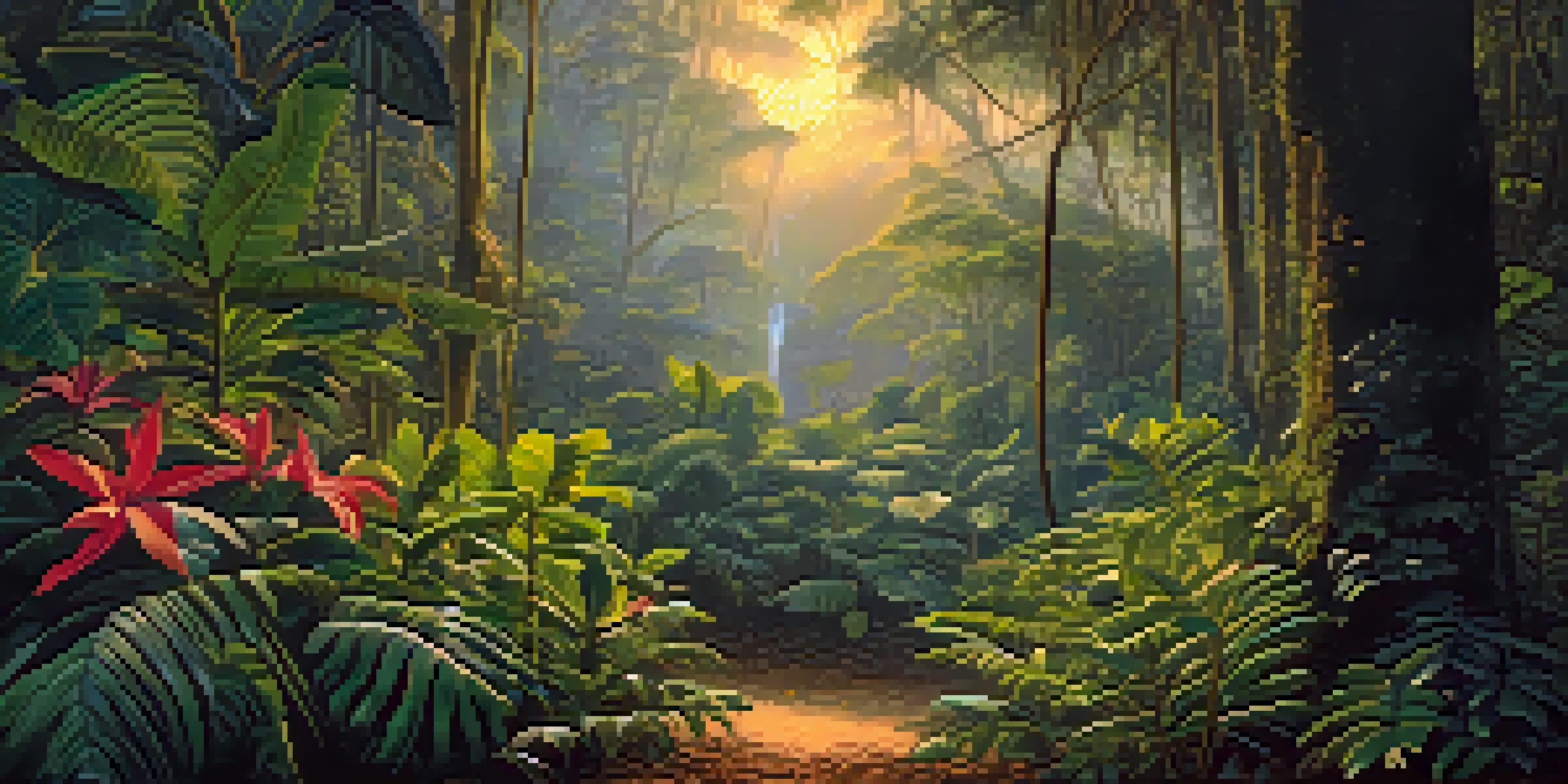 A tranquil Amazon rainforest at dusk, showcasing the Banisteriopsis caapi vine and colorful tropical flowers amidst soft golden light and mist.