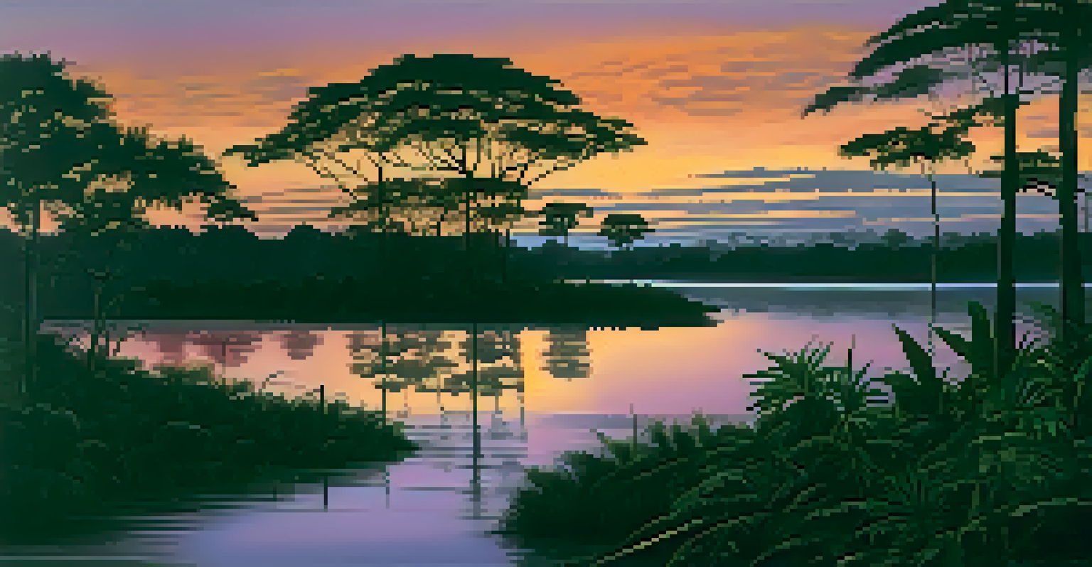 A peaceful Amazon rainforest landscape at dusk, featuring a flowing river and a sunset sky in orange and purple hues.