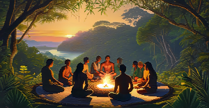 A tranquil jungle scene at sunset with participants in a circle for an Ayahuasca ceremony, surrounded by greenery and flowers.