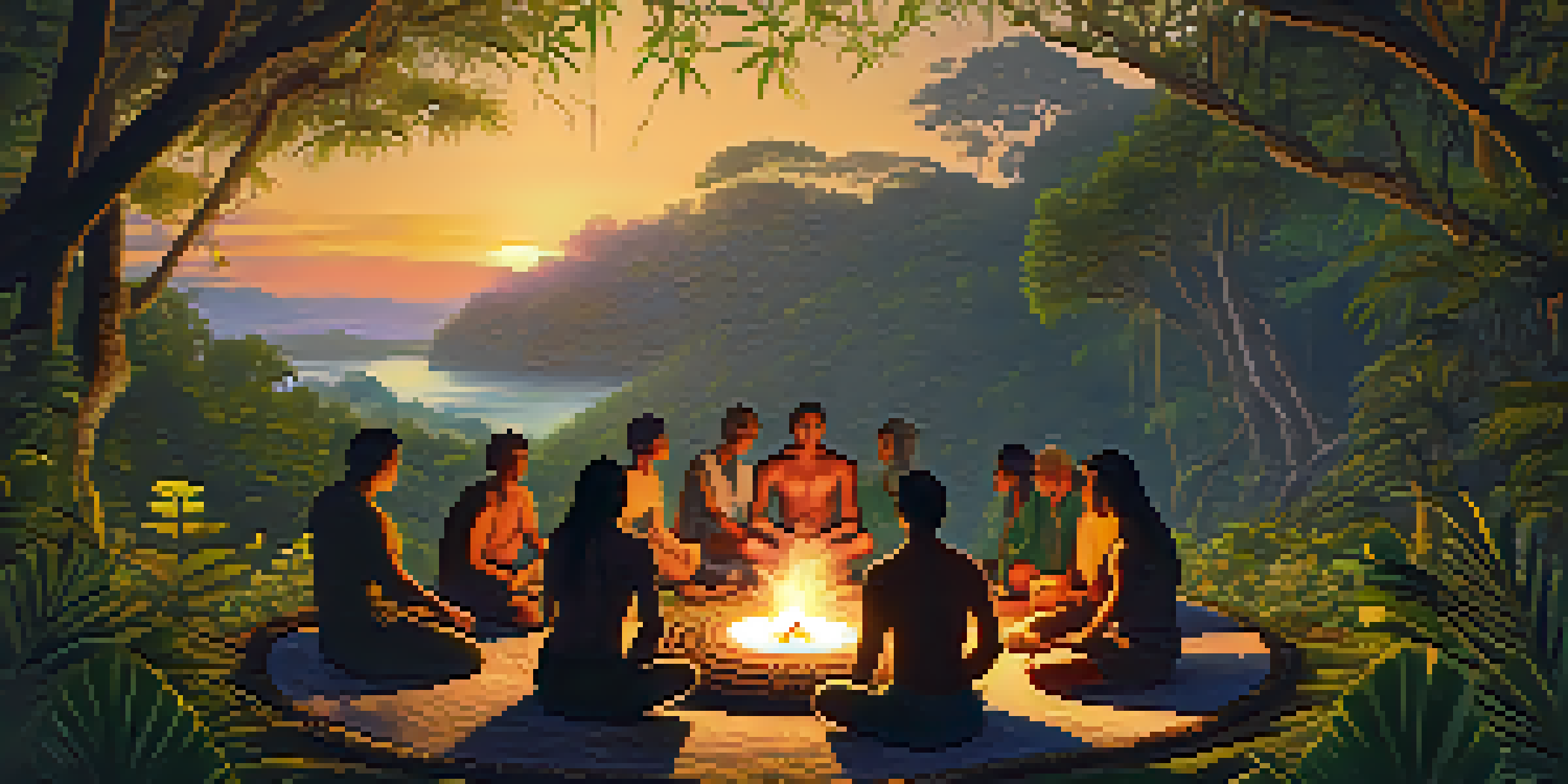 A tranquil jungle scene at sunset with participants in a circle for an Ayahuasca ceremony, surrounded by greenery and flowers.