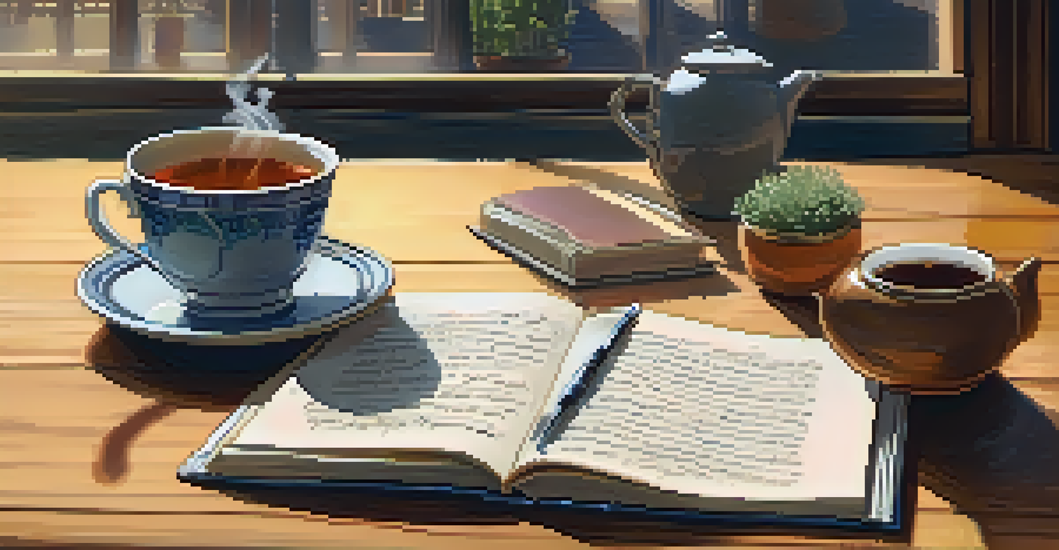 An open journal with handwritten notes and a cup of tea on a wooden table, illuminated by sunlight.