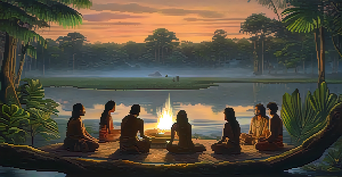 An Amazon rainforest at dusk with a river and a traditional Ayahuasca ceremony led by a shaman, illuminated by soft lantern light.