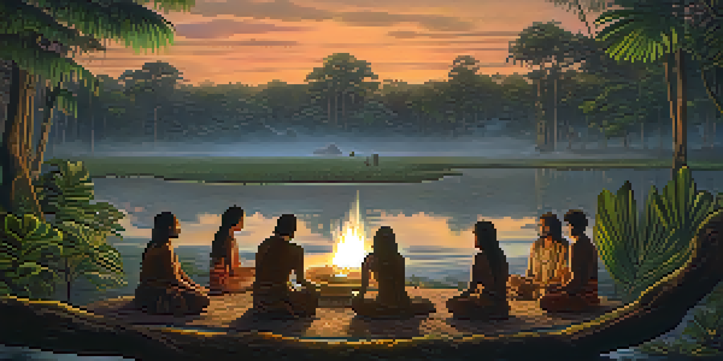 An Amazon rainforest at dusk with a river and a traditional Ayahuasca ceremony led by a shaman, illuminated by soft lantern light.