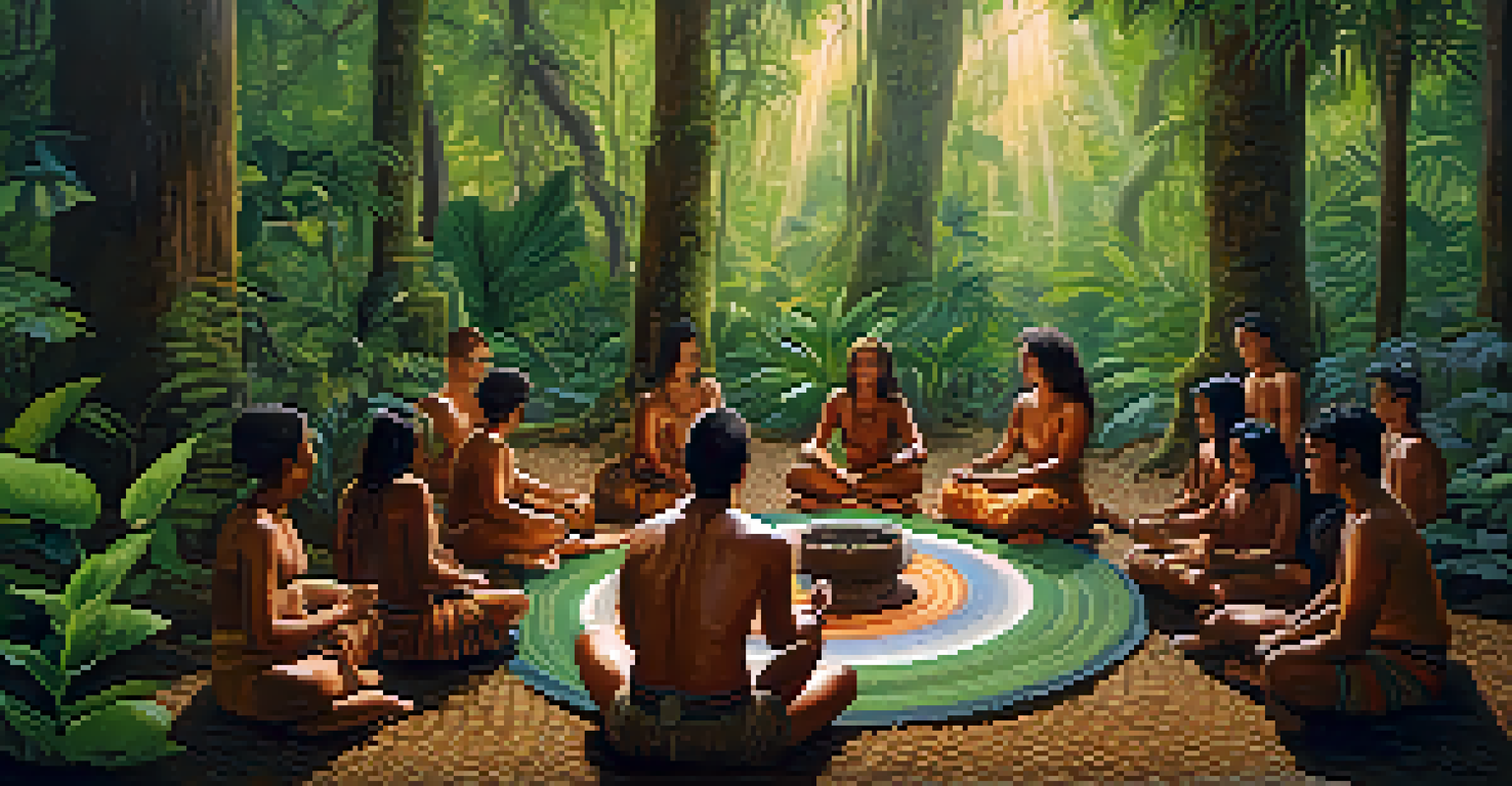 A tranquil jungle setting with participants in a circle for an Ayahuasca ceremony, a shaman preparing a brew in the center.