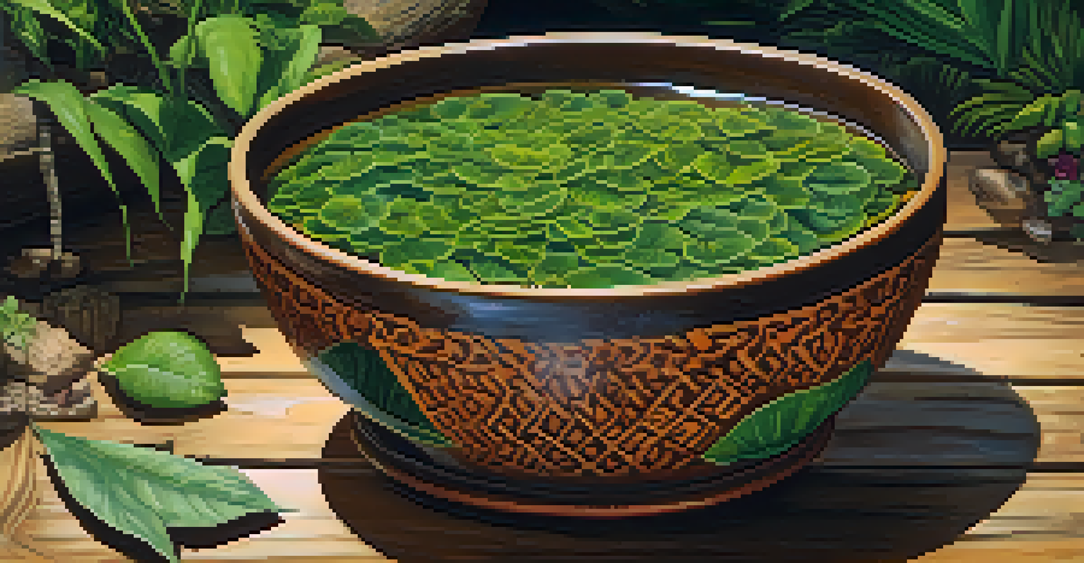 A close-up of a traditional Ayahuasca brew in a ceramic bowl on a wooden table, surrounded by Amazonian plants.