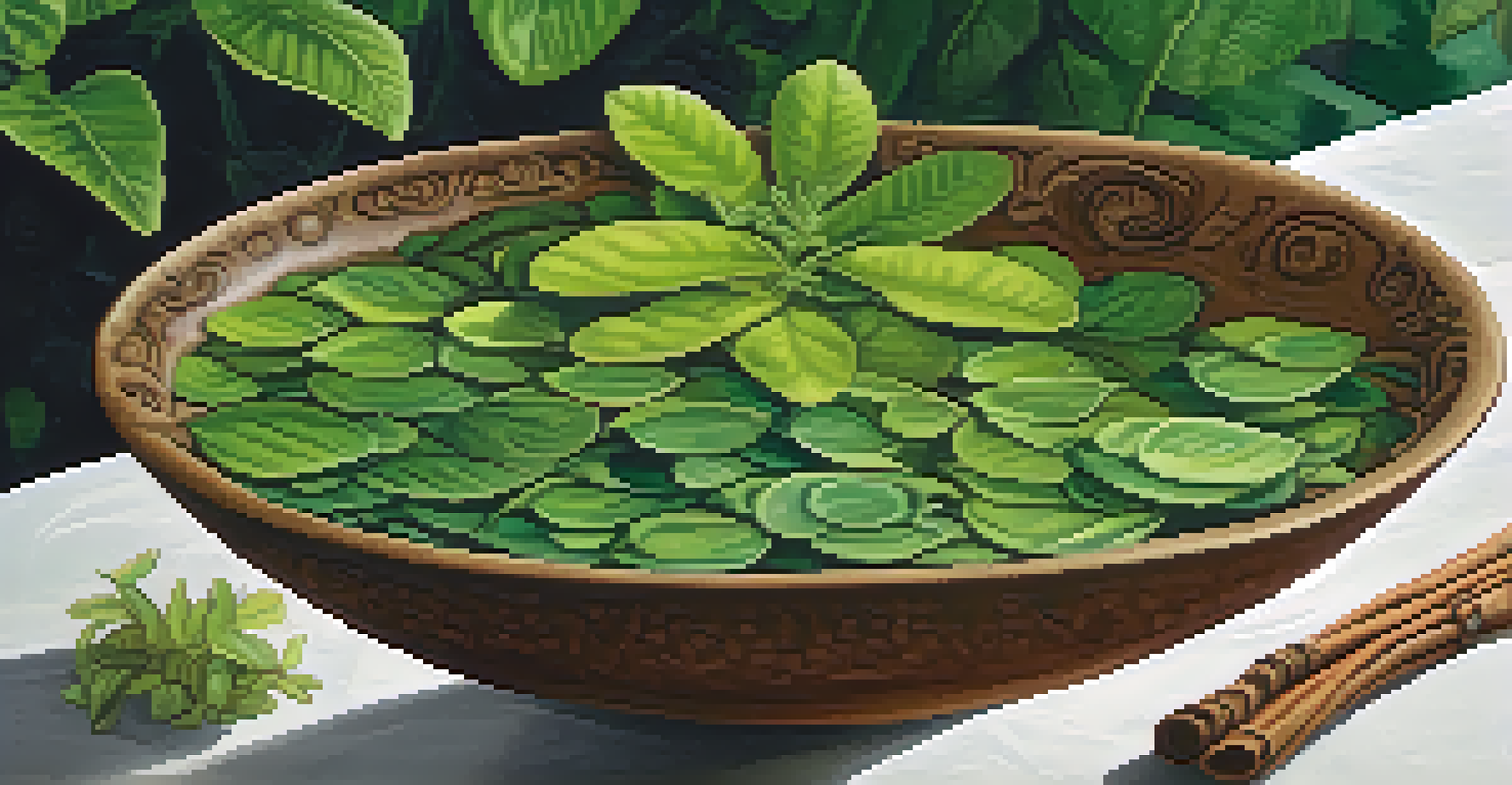 A close-up view of Ayahuasca brew in a ceramic bowl, surrounded by fresh leaves, showcasing rich earth tones and natural textures.