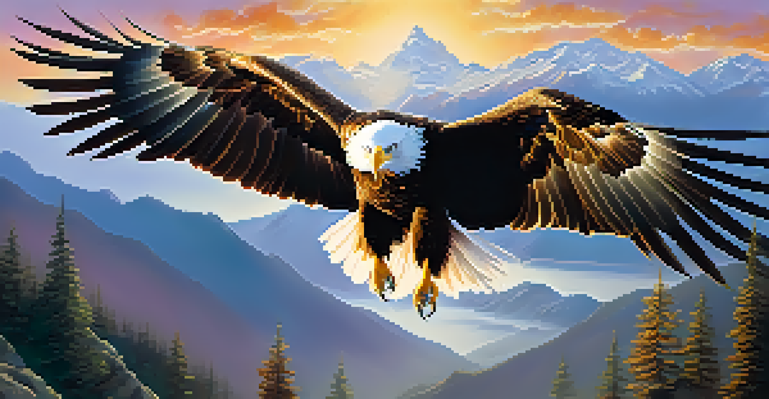 An eagle soaring over misty mountains, illuminated by sunlight breaking through the clouds.