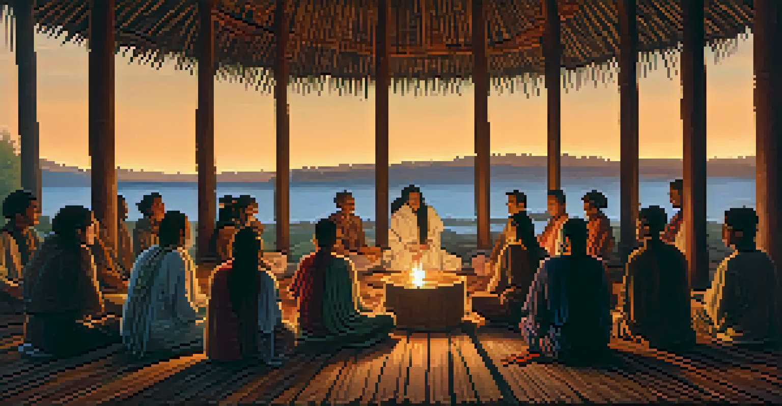 A group of participants seated on mats in a ceremonial circle, illuminated by candles and lanterns, with colorful indigenous art tapestries in the background.