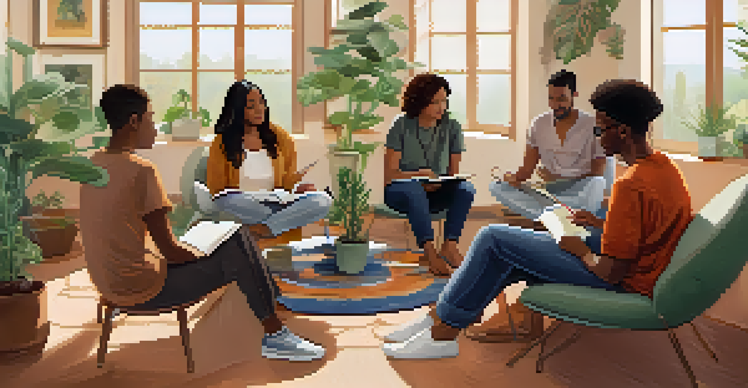 A warm and inviting integration circle with participants sharing their experiences in a cozy room, emphasizing community support.