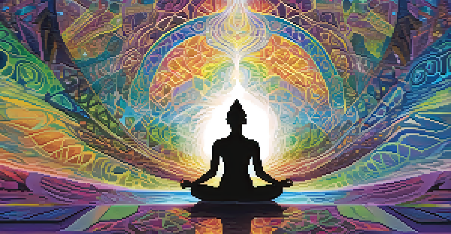 An abstract image representing intuitive insights from Ayahuasca experiences, featuring swirling colors and a silhouette of a meditating person surrounded by light.