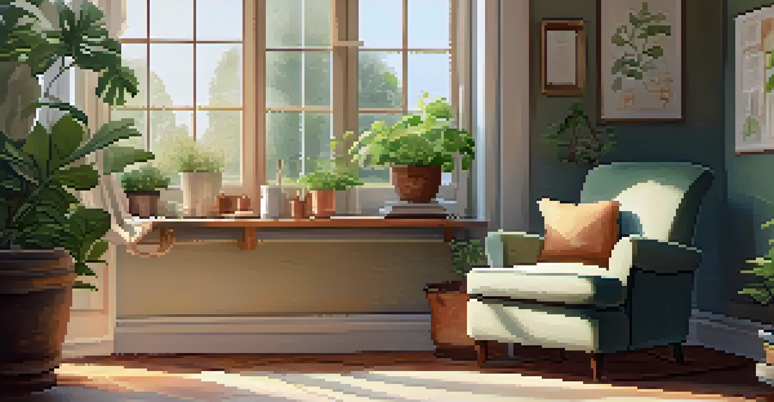 A warm and inviting therapy room with an armchair, a journal, and plants, illuminated by natural light.