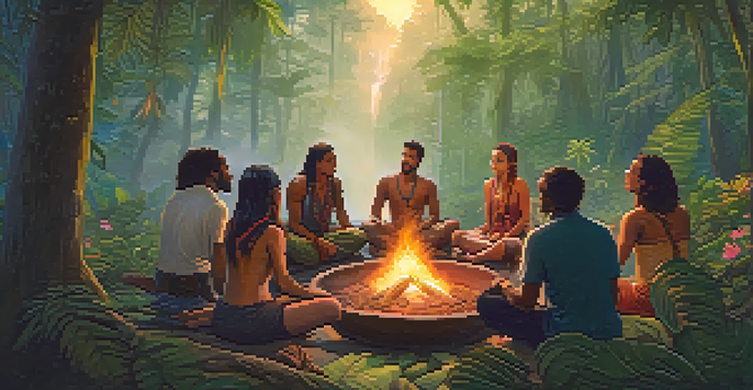 A tranquil Ayahuasca retreat in the Amazon rainforest with participants sitting in a circle around a fire, surrounded by lush greenery and flowers, conveying a sense of community.