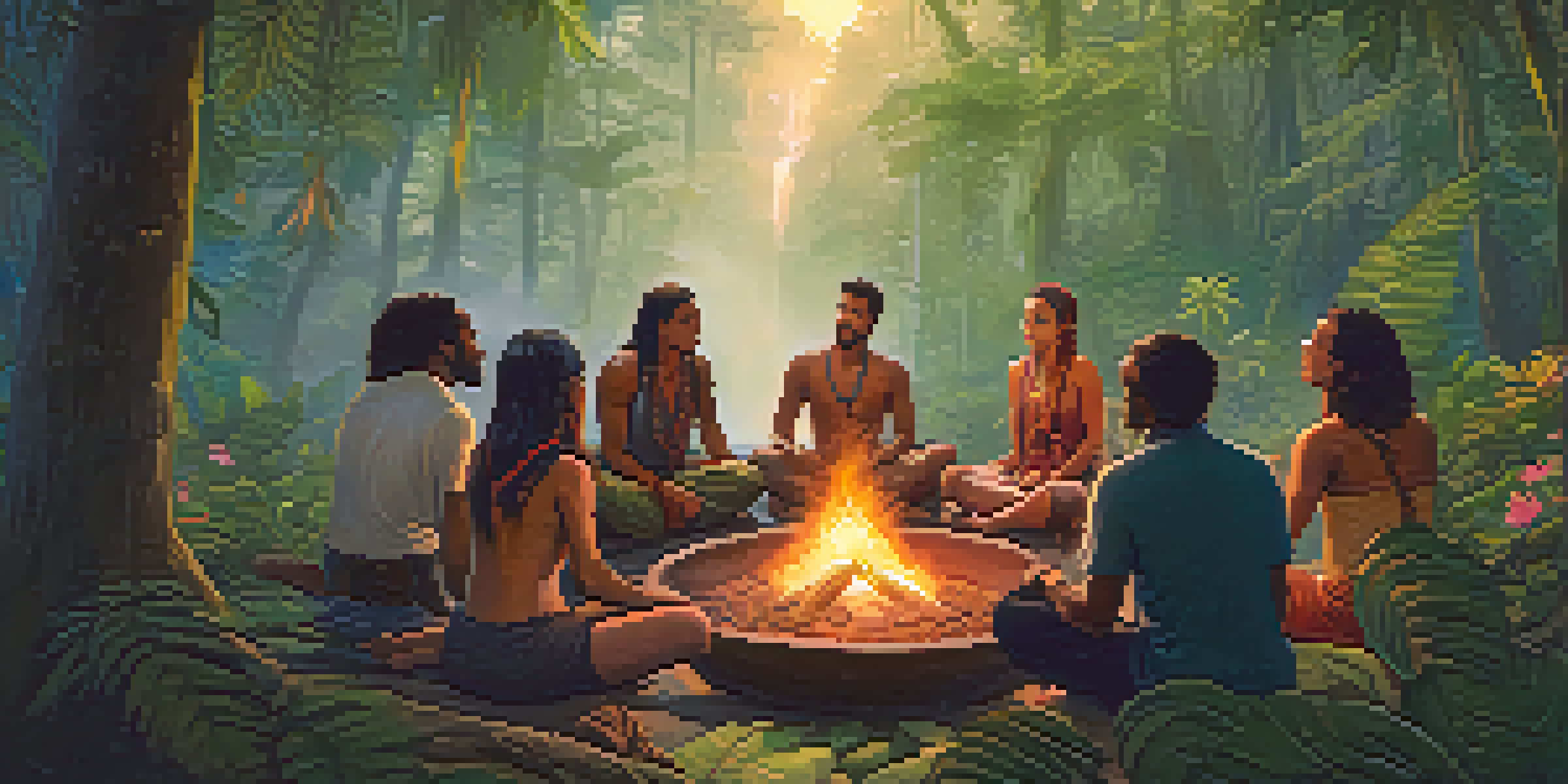 A tranquil Ayahuasca retreat in the Amazon rainforest with participants sitting in a circle around a fire, surrounded by lush greenery and flowers, conveying a sense of community.