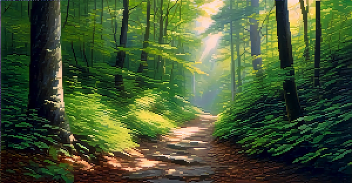 A tranquil forest landscape with sunlight filtering through leaves and a winding path leading into the woods.