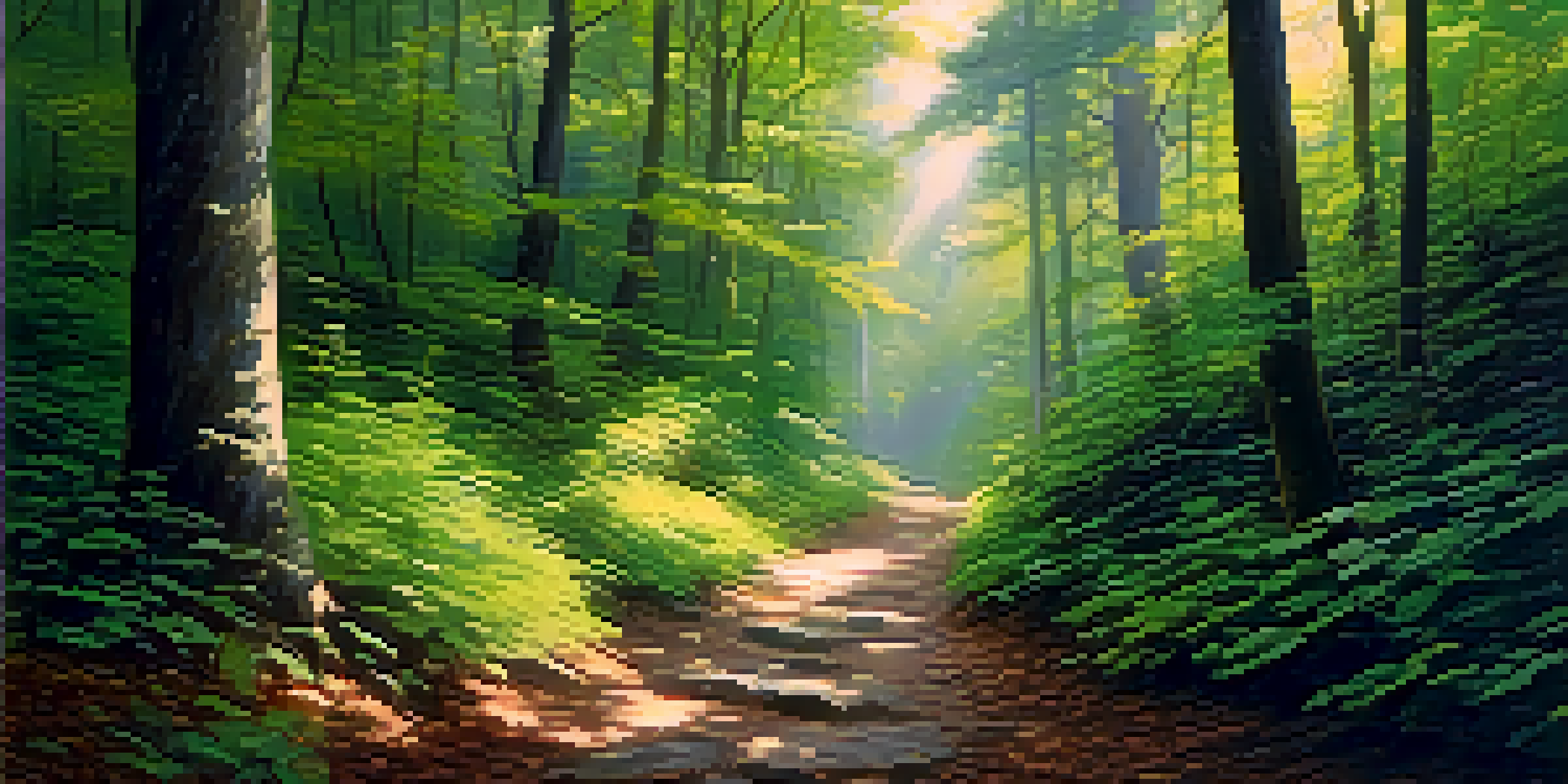 A tranquil forest landscape with sunlight filtering through leaves and a winding path leading into the woods.