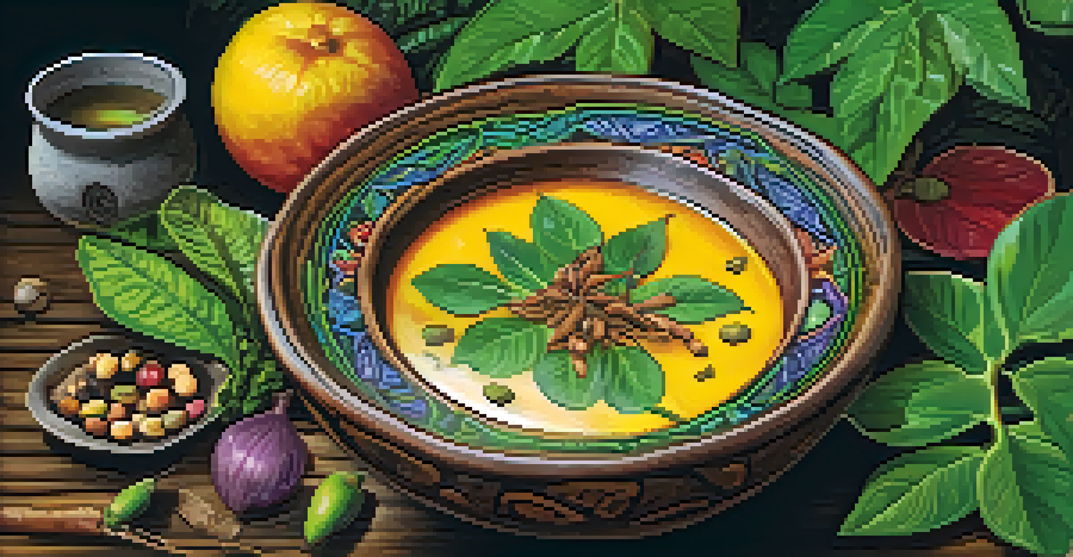 A close-up of a traditional ayahuasca brew in a bowl, surrounded by natural ingredients, highlighting the vibrant colors and textures.