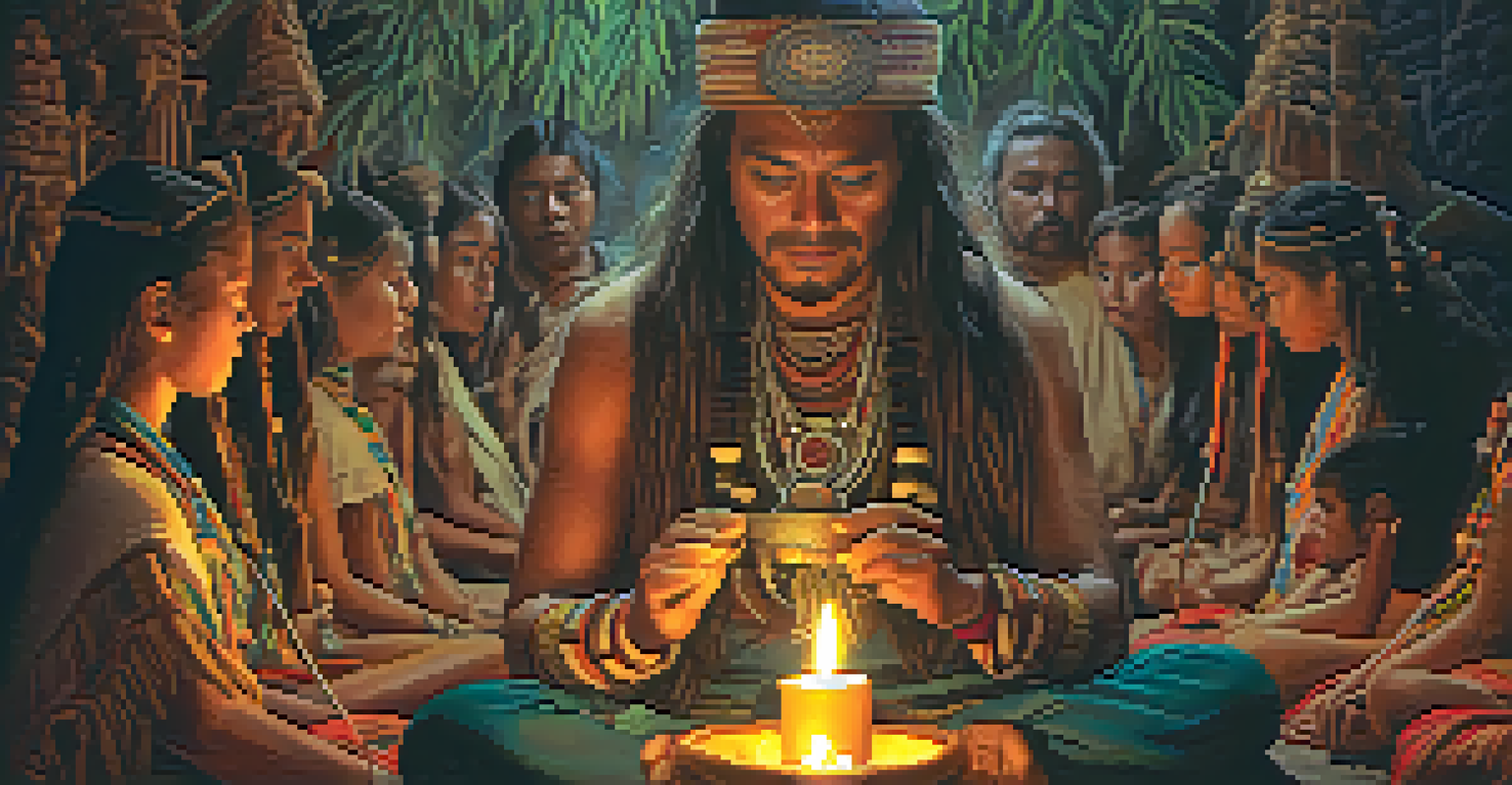 A close-up of a shaman holding a ceremonial cup during an Ayahuasca ritual, surrounded by candles and natural elements.