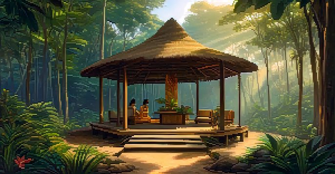 A peaceful scene of an Ayahuasca ceremony in the Amazon rainforest at dawn, with people practicing breathwork in a circle around a wooden hut.