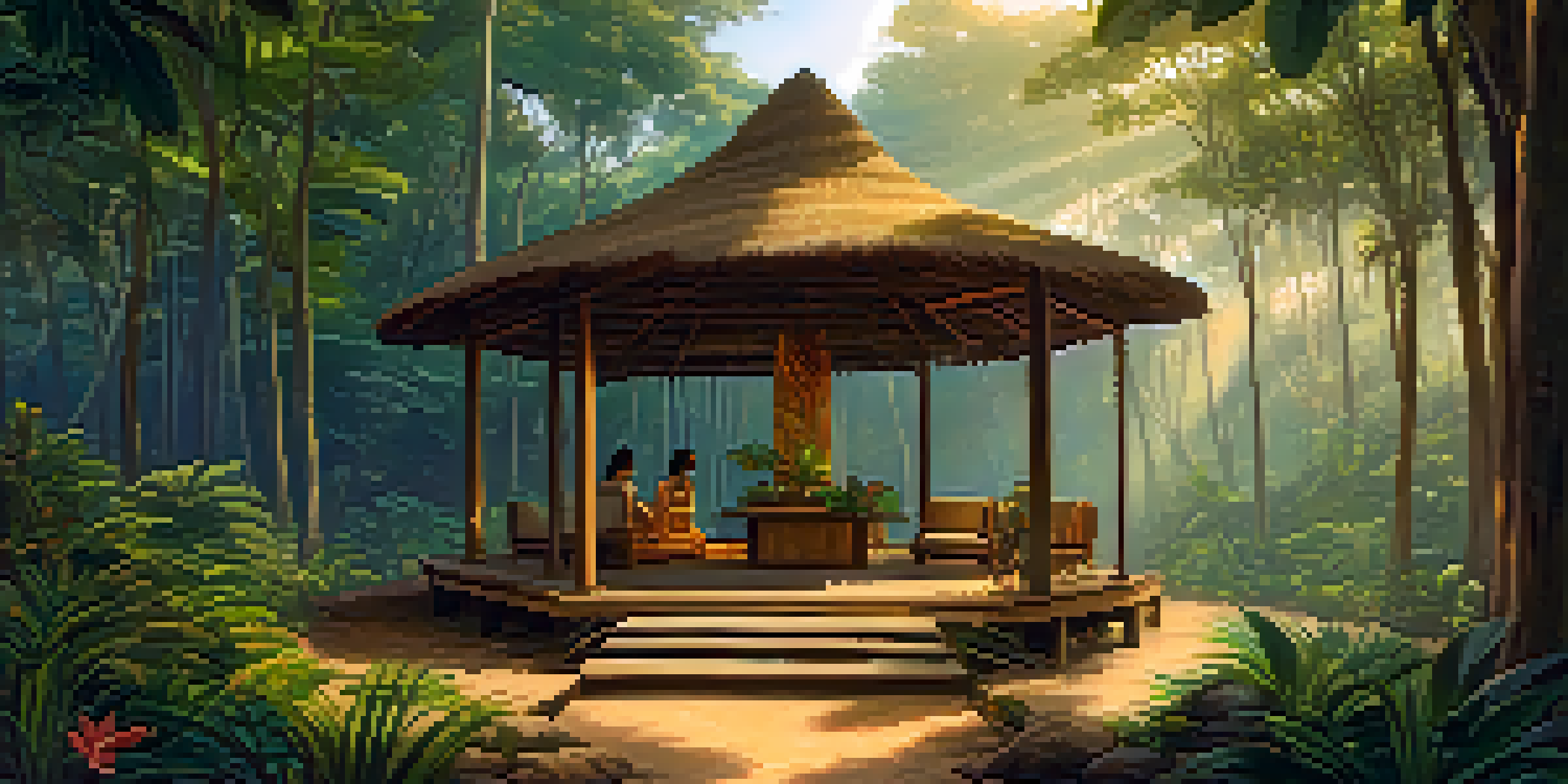 A peaceful scene of an Ayahuasca ceremony in the Amazon rainforest at dawn, with people practicing breathwork in a circle around a wooden hut.