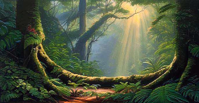 A peaceful Amazon rainforest at dawn with the Banisteriopsis caapi vine, soft light, and mist.