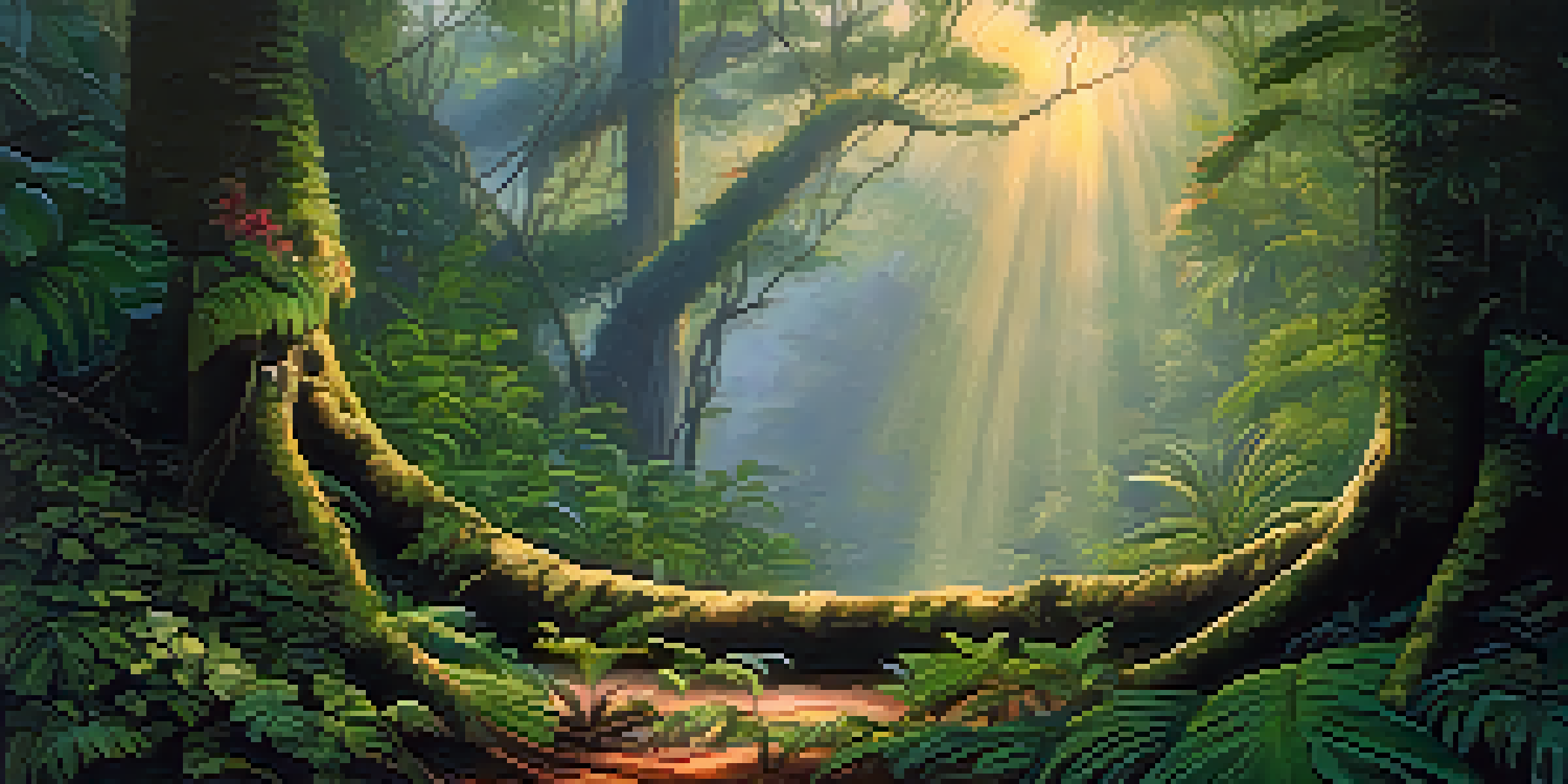 A peaceful Amazon rainforest at dawn with the Banisteriopsis caapi vine, soft light, and mist.