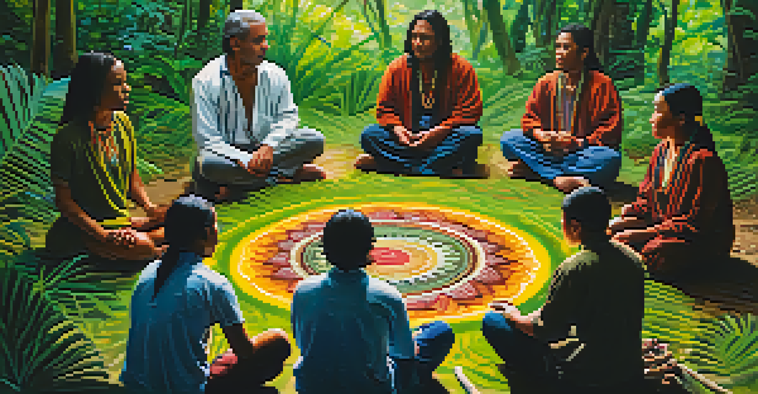 A close-up view of a diverse group of people participating in an ayahuasca ceremony in a natural forest setting, showcasing their reflective expressions.