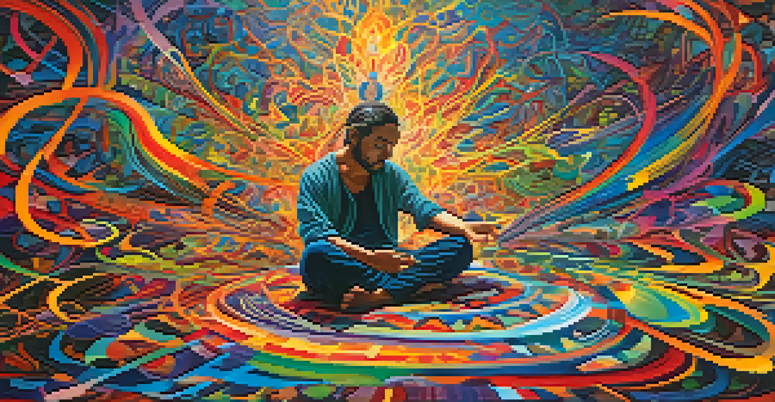 An abstract depiction of a meditative mind with vibrant colors and swirling patterns, illustrating emotional healing and transformation.