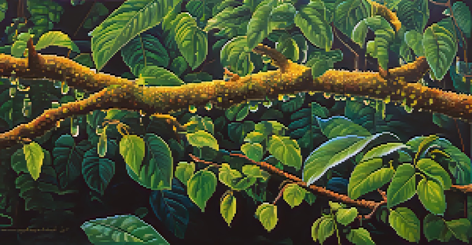 A close-up of the Banisteriopsis caapi vine with textured bark and leaves, surrounded by vibrant Amazonian plants.