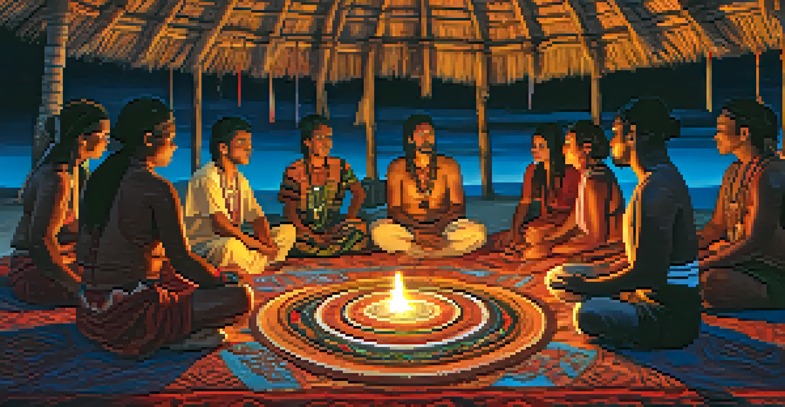 A close-up of an Ayahuasca ceremony with participants seated in a circle, and a shaman playing an instrument in warm candlelight.