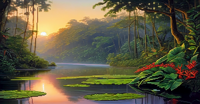 A peaceful Amazon rainforest at sunset, showcasing a river and lush greenery with a climbing vine.